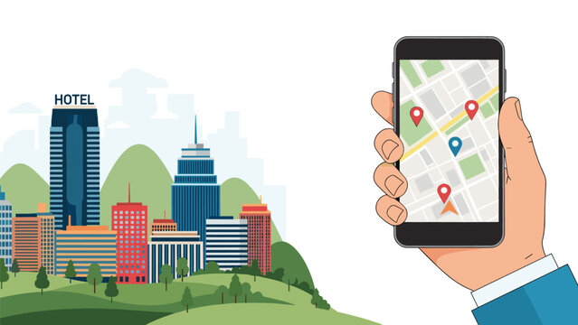 Hand holding a smartphone displaying a GPS navigation app with location pins against a modern city skyline and mountain backdrop.