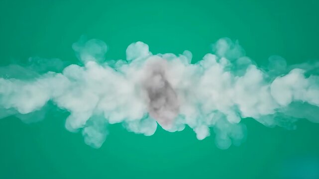 A thick cloud of white smoke expanding and billowing dynamically, isolated against a bright chroma key green screen background. Designed for easy video keying, visual effects composition, transition e