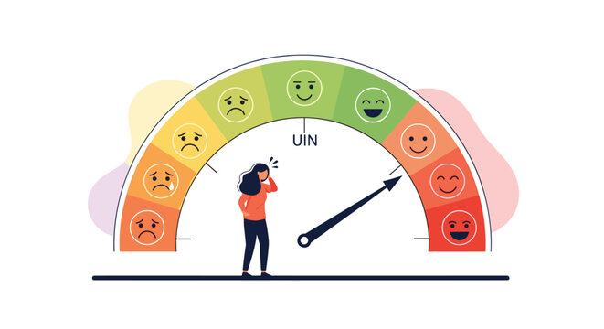 Stressed woman looks at a large gauge measuring emotional stress levels that is pointing toward a high and intense red zone area.