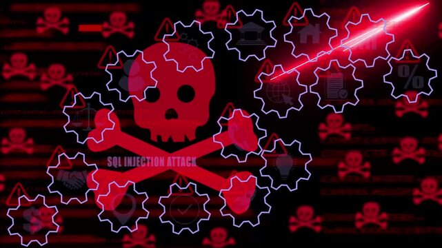Dynamic sql injection cyber attack concept featuring animated red skull warning and digital gear network interface for advanced information security and data breach
