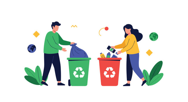 Man and woman work together to sort different types of waste into green and red recycling bins for better environmental protection.