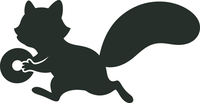 Black silhouette of a cute squirrel running and holding a round donut snack