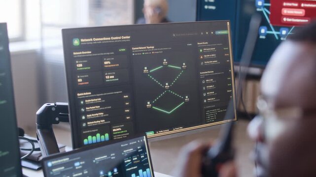 Close up shot of African American tech specialist transmitting network data via walkie-talkie while sitting in front of computers with cybersecurity software on screens in office