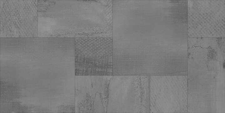 Industrial gray concrete tile texture, modern cement wall background with geometric patchwork pattern, dark slate stone surface for architectural design