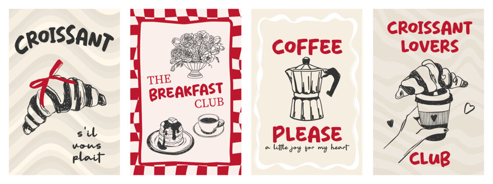 Collection of la dolce vita poster with hand drawn coffee cup, croissant and pancakes. Whimsical chalk vector illustration for wall art gallery, invitation, menus in cafe or restaurant branding etc.