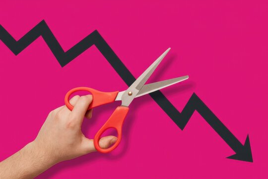 A hand cuts a declining graph line with scissors on pink background.