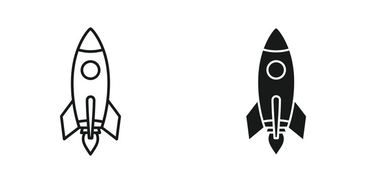Minimalist rocket ship icon in black and white