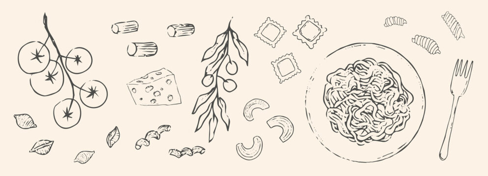 Italian food pizza and pasta hand drawn sketch. Mediterranean cuisine, mediterranean pasta types line doodle. Farfalle, fusilli, fettuccine, linguine.