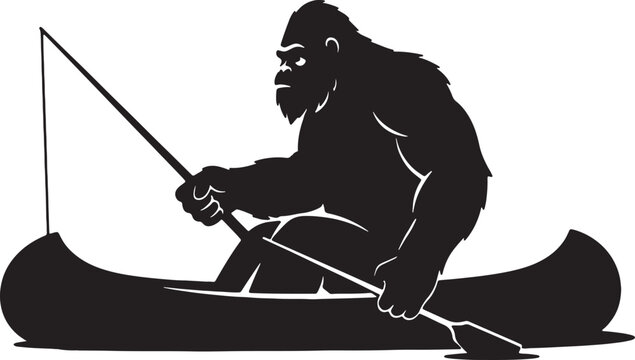 Bigfoot fishing in canoe, silhouette, sasquatch, cryptozoology, wilderness, outdoor activity.