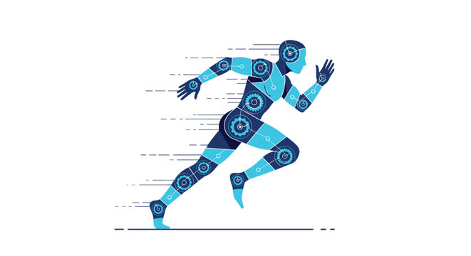 Futuristic blue robot made of mechanical gears and digital circuits running at high speed to represent advanced technology.