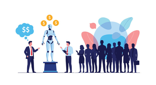 High tech product launch featuring businessmen presenting a robotic humanoid on a pedestal to a group of potential investors.