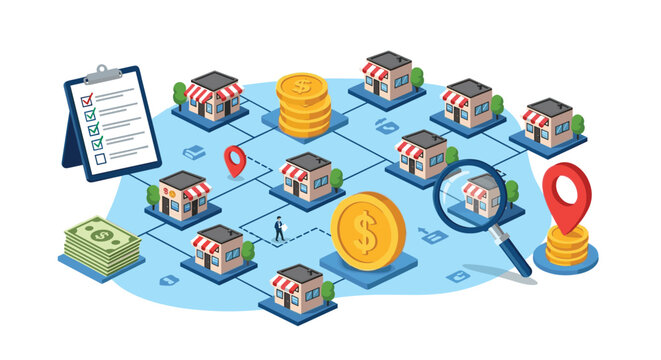 Retail business franchise management showing a map with multiple store locations, gold coins, and a magnifying glass for analysis.