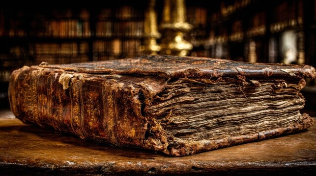 A Worn Leather-Bound Ledger with Faded Gold Lettering Rests on a Wooden Surface
