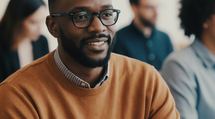 Obraz premium Black man in glasses smiles at office meeting. Colleagues sit behind him in blurred background. Focus on team collaboration and professional atmosphere.