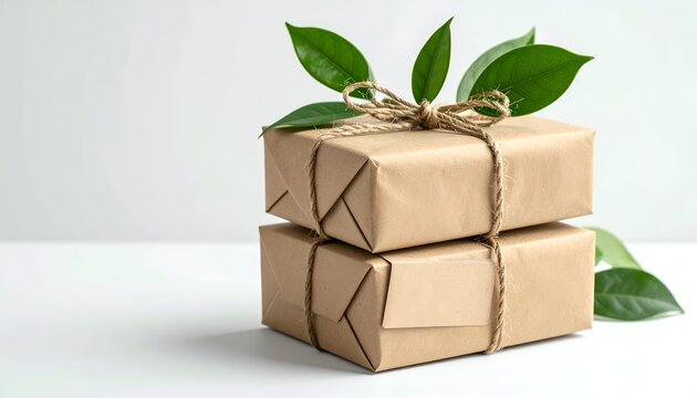 Two wrapped gifts in brown paper, tied with twine and decorated with green leaves