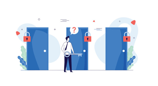 Businessman holding a large key standing in front of multiple locked doors while deciding which path to open for his future success.