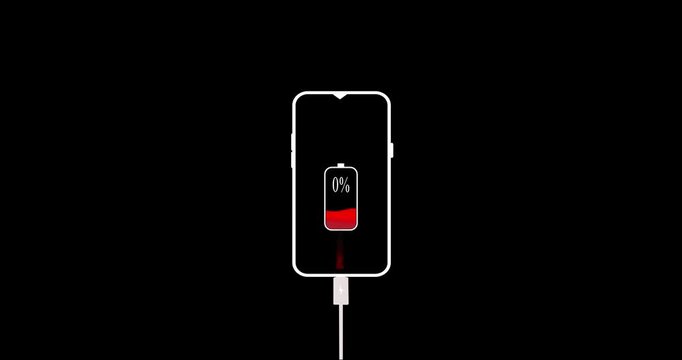 Low battery 0% smart phone charging animation on a transparent background. Smartphone USB cable connected to charging battery screen animation