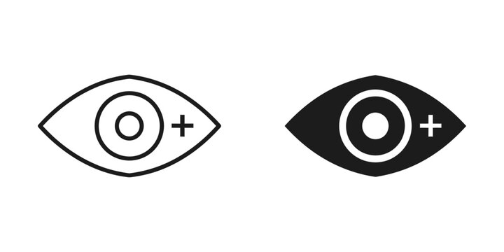 Simple eye icon with plus sign in positive and negative versions