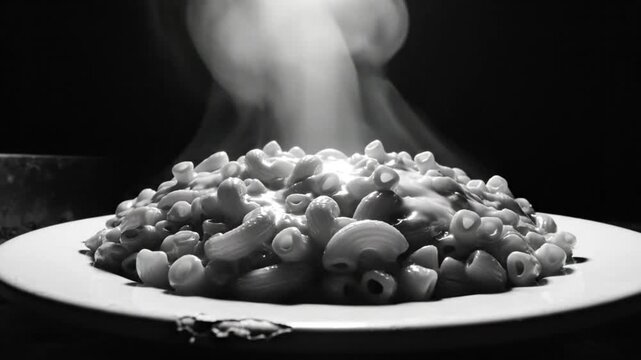 Steaming mac and cheese on a plate with soft focused lighting and a dark background in black and white