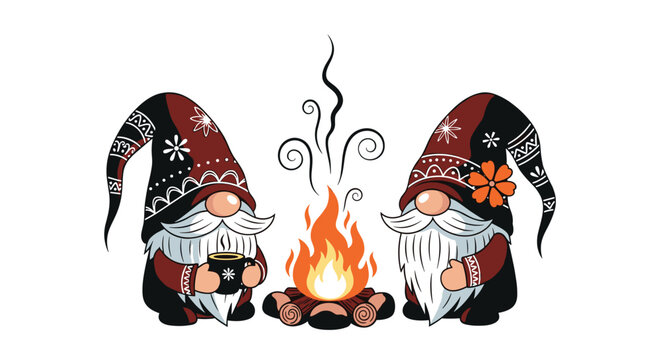 Two cute Christmas gnomes with long beards and decorated hats sitting by a cozy outdoor campfire with a cup of hot drink on a winter evening.