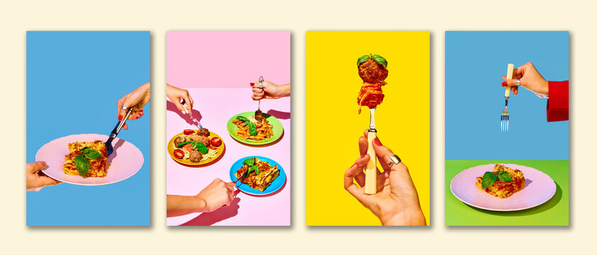 Colorful Italian food collage with lasagna pasta fork and bright plates. Concept of restaurant menu, pasta delivery, food promo, recipe banner and cafe advertising.