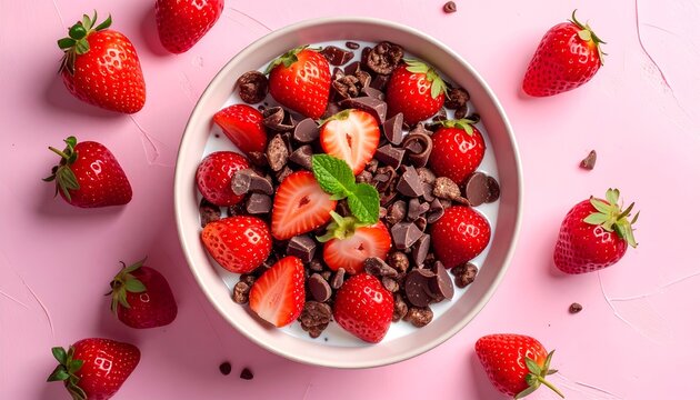 Strawberry, chocolate, and milk cereal bowl on pink background, top-down view