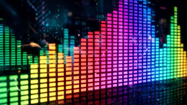 Colorful music equalizer visualization on digital display. Abstract sound wave glowing bars moving. Tech interface pattern for audio production. Modern party background.