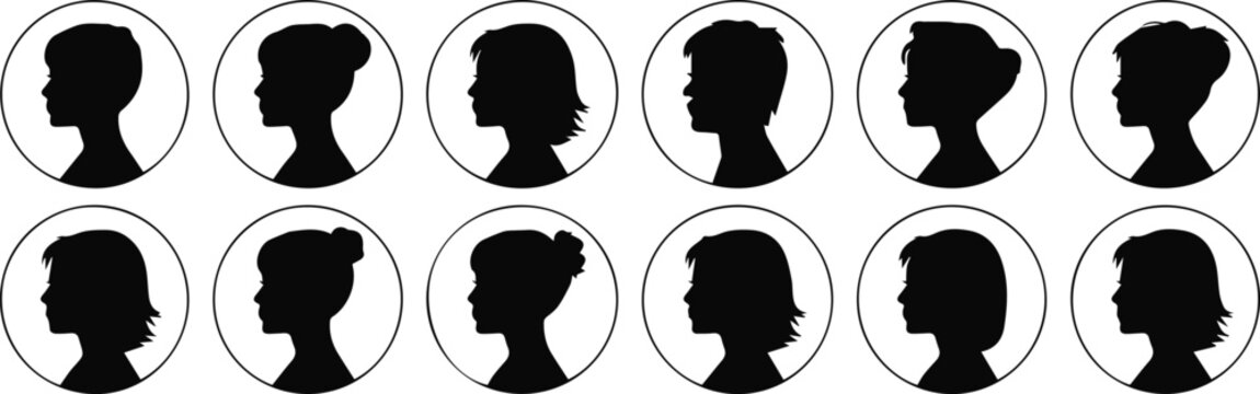 Profile hairstyles with bun and updo variations in circles
