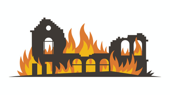 A skeletal silhouette of a destroyed building structure remains engulfed by intense orange and yellow flames isolated on a crisp white background in flat art.