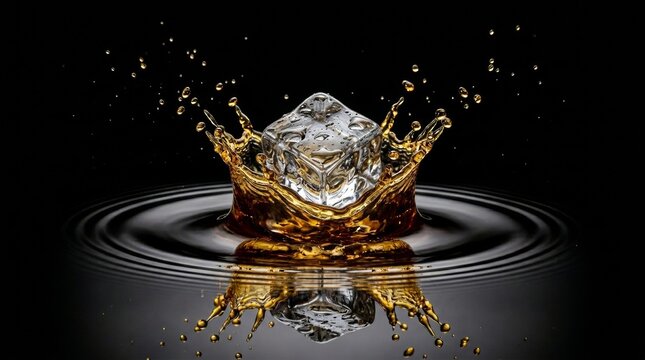 Ice cube splashing into a glass of whiskey or dark liquid.