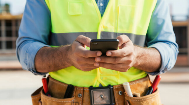 Construction worker in safety vest and tool belt uses smartphone outdoors at building site. Man checks mobile device during work, taking a break on job.