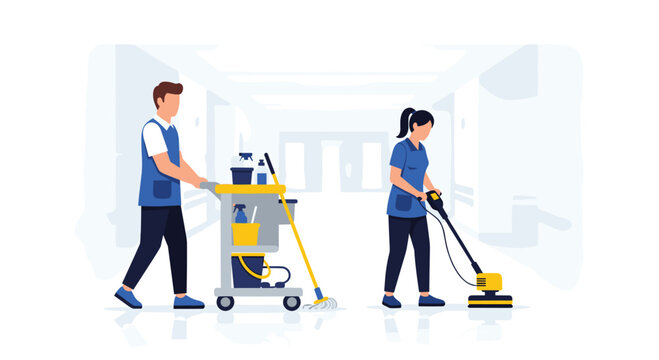 Two professional cleaning staff members in blue uniforms are performing maintenance duties with a cart and floor buffer in a sterile, bright indoor hallway.