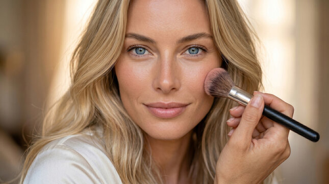 Beautiful blonde woman applying pink blush with makeup brush in front of mirror