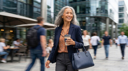 Obraz premium Smiling mature businesswoman walking on city street with coffee and handbag