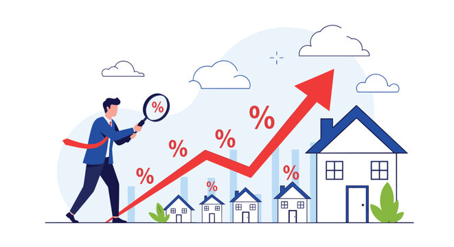 Expert businessman using a magnifying glass to analyze a rising arrow graph over residential houses for market growth.