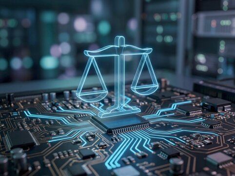 Digital Justice Scales Floating Over Circuit Board in High-Tech Server Room