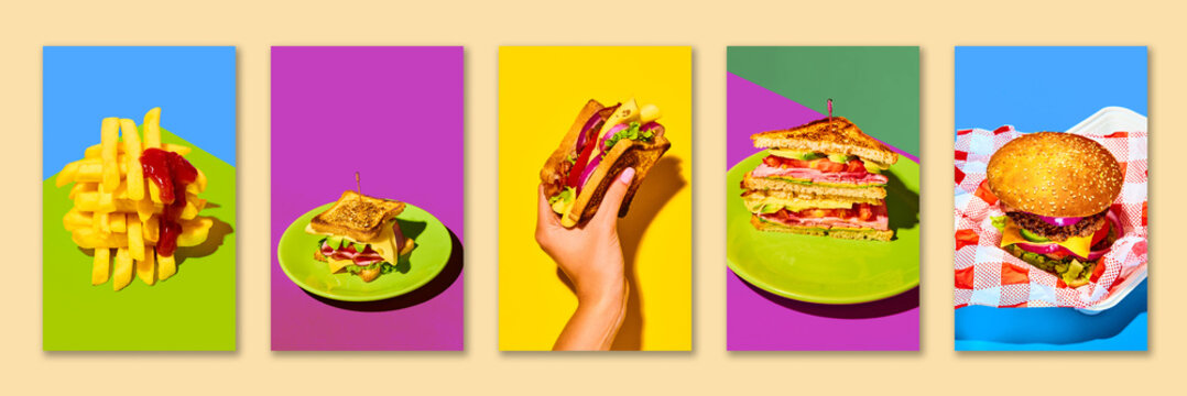 Fast food poster collage with fries burger sandwiches and colorful panels. Concept of takeaway menu set, diner promo, snack campaign, delivery app banner and restaurant branding.