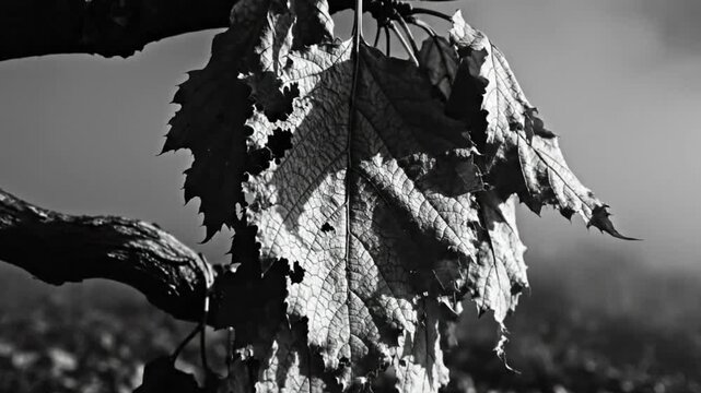 Black and white close up of withered leaves on a branch against a blurred sky background