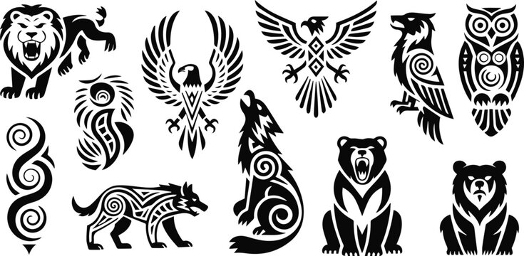 Animal emblems with lion wolf bear owl motifs