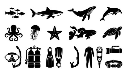 Black and White Ocean Silhouette Set with Sea Creatures and Diving Equipment Vector Illustration © Shameem