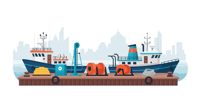 Two industrial fishing vessels are moored at a wooden harbor pier with prominent orange winches and coiled ropes under a soft, overcast sky with a faint cityscape.