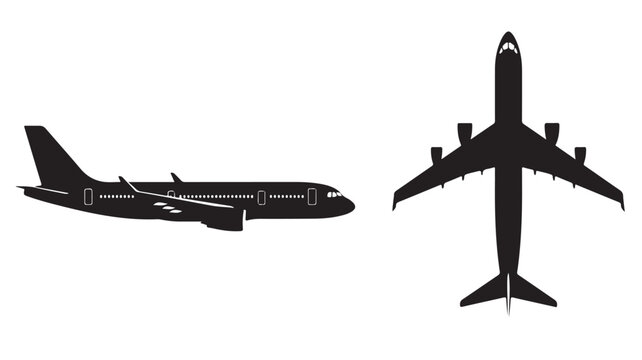 Commercial airplane silhouette set, black passenger aircraft vector icons, top and side view of jet airliner for travel and aviation design