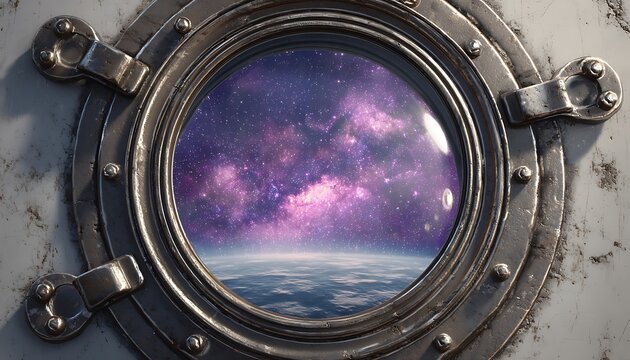 View of earth and colorful nebula through a heavy-duty metal porthole window on a spacecraft