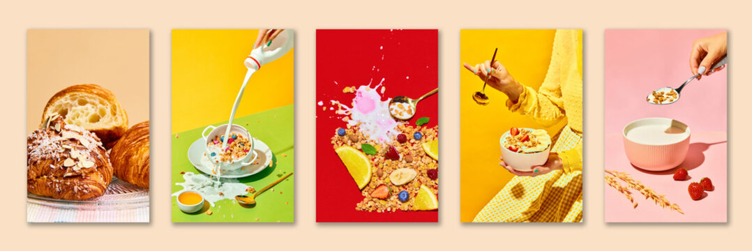 Breakfast collage with croissants granola milk yogurt berries and colorful food panels. Concept of brunch menu design, cereal promo, bakery advertising and cafe branding.