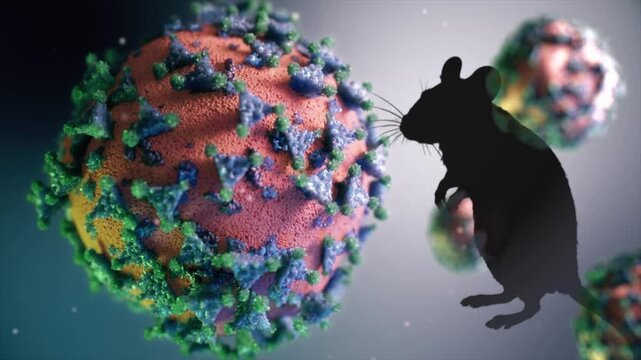 Animal silhouette sniffing a coronavirus cell, representing scientific research on zoonotic disease transmission, pandemic origins, and the critical link between wildlife and human health