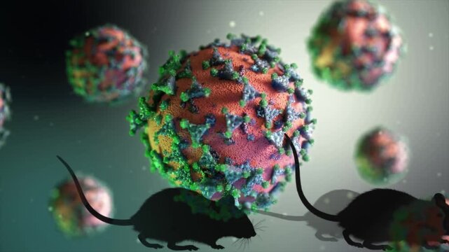 Conceptual animation showing black silhouettes of laboratory mice running past vibrant viral cells, symbolizing animal testing, research, and the study of pathogens for vaccine development