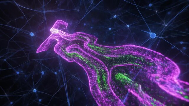 The Strengthened Pathway. A 3D abstract illustration of a large neural network. Most of the pathways are thin dim blue lines. Pathway in the center is shown as a glowing green and purple "highway".
