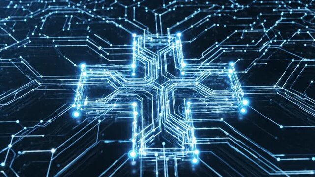 Digital circuit cross symbol glowing dark background technology network connection abstract data system futuristic blue light digital particle network glowing blue data points abstract technology