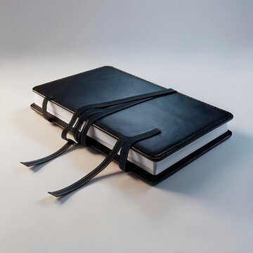 A classic, bound leather journal with a dark cover and tie closure, presented on a neutral surface, suggesting timeless elegance and personal reflection.