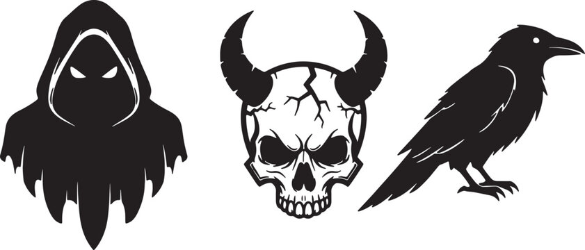Halloween spooky characters collection. creepy hooded figure, skull, and raven.